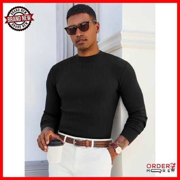 Men's Slim Fit Mock Turtleneck Sweater Ribbed Knit Warm Pullover - Picture 4 of 7